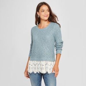 Knox Rose teal loose knit sweater with lace trim